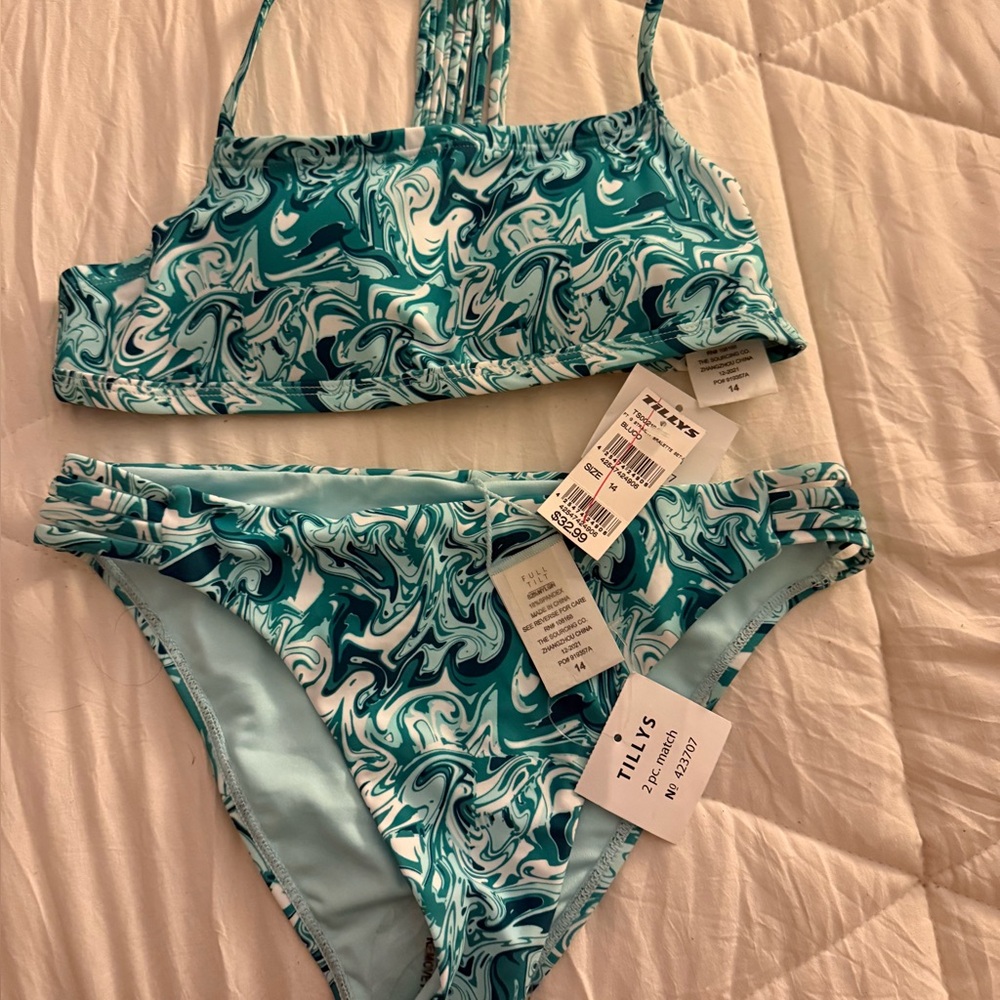 Tilly’s Teal and White Swirl Bikini Set